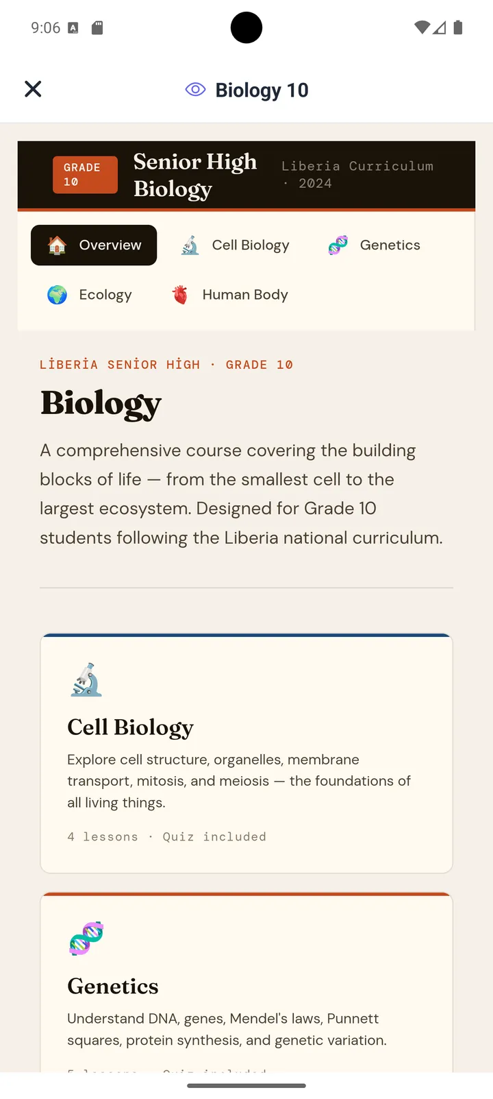 Grade 10 biology study app made with Neyse covering cell biology, genetics and ecology