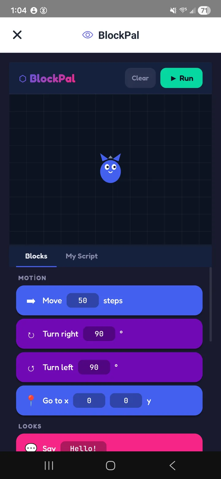 BlockPal block coding playground made with Neyse, with Move, Turn and Say blocks and a Run button