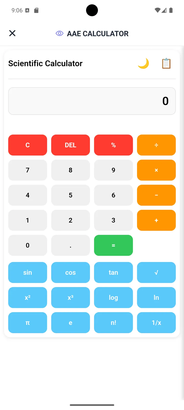 Scientific calculator app made with Neyse, with sin, cos, tan, log and square root buttons