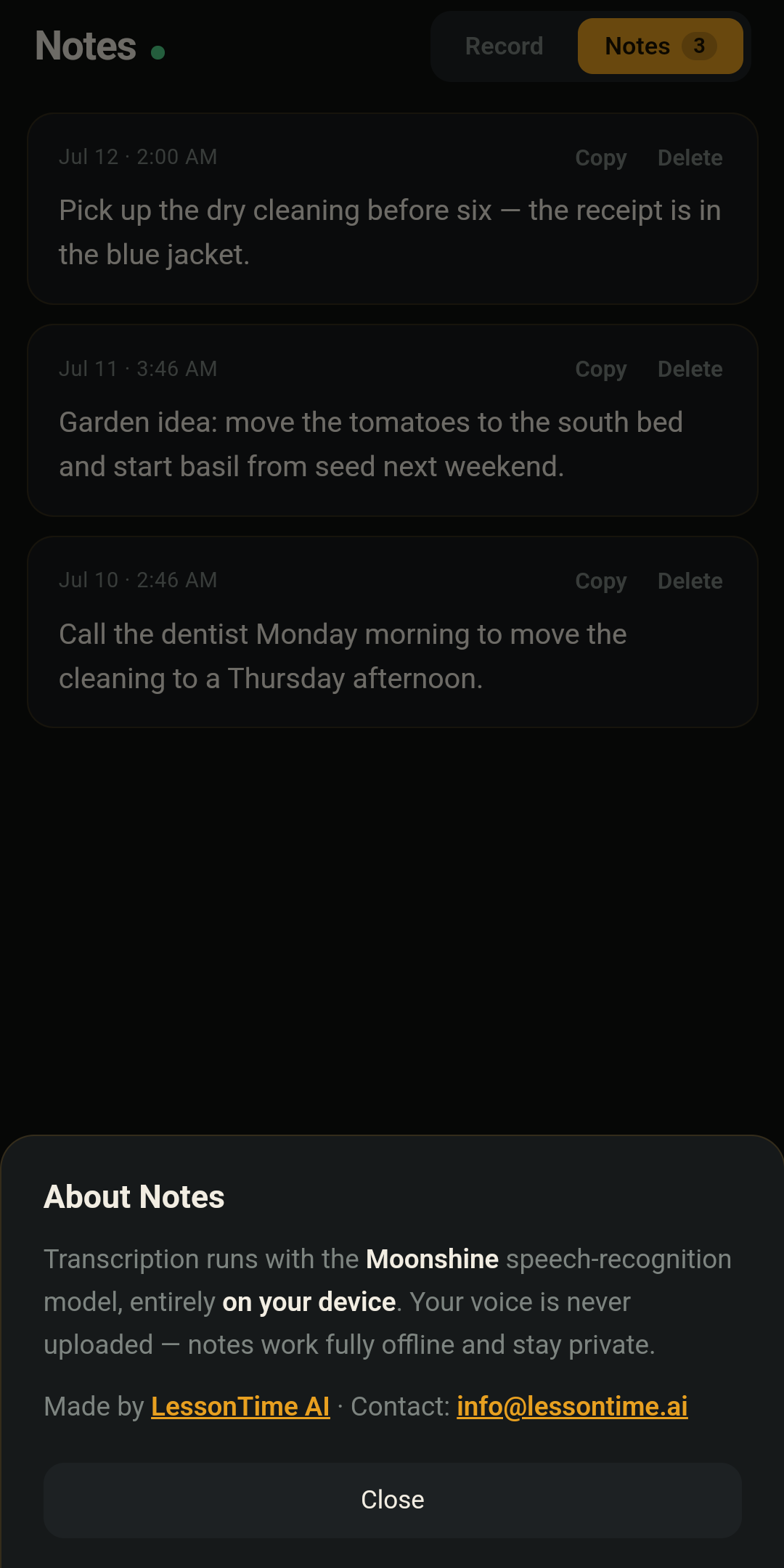 About sheet describing on-device Moonshine transcription