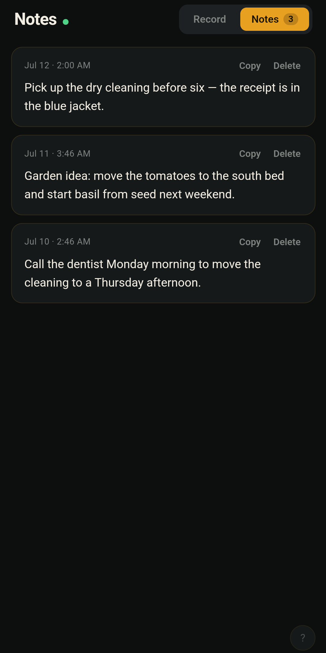 Saved notes list with copy and delete actions